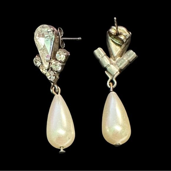 Vintage Rhinestone & Faux Pearl Drop Earrings Elegant Design - Picture 2 of 2